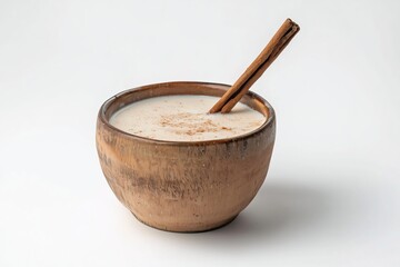 Creamy Horchata Beverage in Rustic Bowl with Cinnamon Stick on White Background Still Life