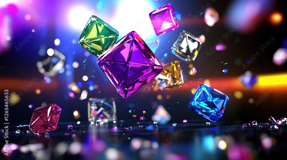 Poster colorful gemstones floating in a vibrant space with abstract light and reflections design