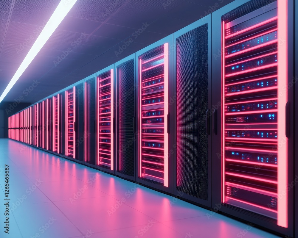 Poster a modern data center showcasing advanced servers with vibrant neon lighting, creating an innovative 