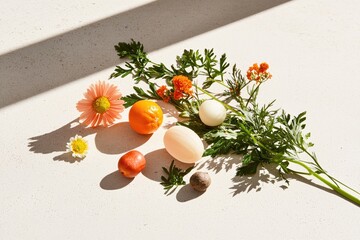Bright Still Life with Orange Flowers Fruit and Eggs on a Textured Surface in Sunlight
