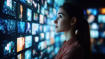 Woman Engaged in Digital Media: Immersive Technology and Online Content Exploration in Modern Stock Photography