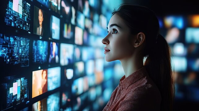 Woman Engaged in Digital Media: Immersive Technology and Online Content Exploration in Modern Stock Photography