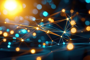 Abstract network connection with glowing nodes and lines on a dark teal and orange backdrop