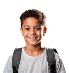 Smiling Boy with Backpack and White T -Shirt