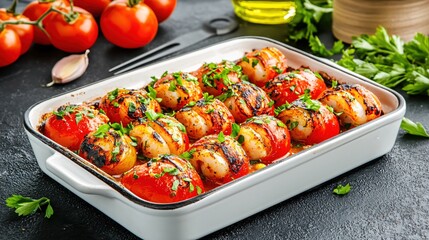 Grilled Scallops Wrapped in Tomato with Fresh Parsley in Baking Dish on Dark Stone Surface