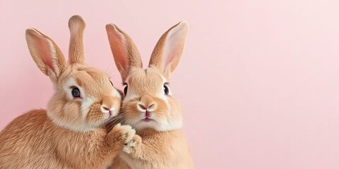 Fototapeta premium Bunny Love: Two adorable brown bunnies huddle close together against a soft pink backdrop, their curious eyes locked on the camera.