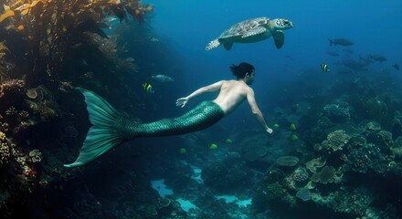 Merman Swimming with Sea Turtle Underwater Ocean Scene