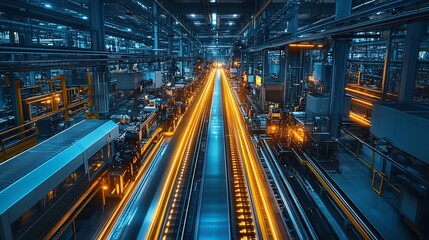 Fototapeta premium Aerial view of a modern industrial facility with glowing production lines and machinery