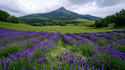 Obraz premium Lavender field with mountain backdrop