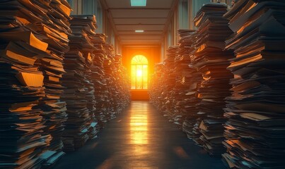 Document Lifecycle Management Visualization, Stacks of Papers in a Corridor During Sunset Depicting Information Overload, Organization, and Archiving, Generative AI