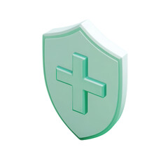 Obraz premium 3D Medical Shield Icon: A mint green, isometric 3D rendering of a protective shield featuring a prominent medical cross PNG