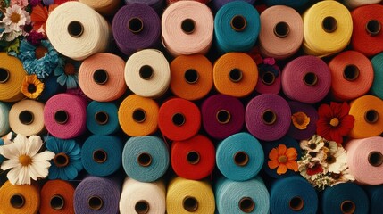 Colorful Spools of Thread Surrounded by Vibrant Floral Accents