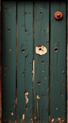 Fototapeta premium Close-up of a rustic wooden door with peeling teal paint and a red knob, showcasing wear and tear and natural aging.