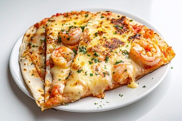 Delicious Shrimp Pizza with Melted Cheese and Fresh Herbs on a White Plate Ready to Eat