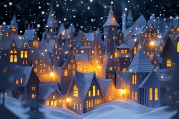 Fototapeta premium Winter village in layered paper style, with snowy rooftops and glowing street lamps.
