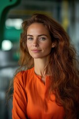 Portrait of a Confident Woman with Long Red Hair in Casual Orange Blouse