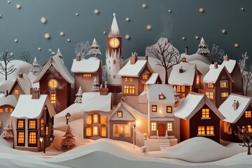 Winter village in layered paper style, with snowy rooftops and glowing street lamps.