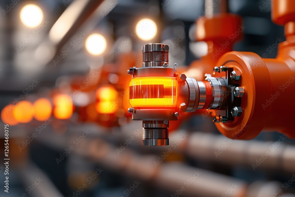 Poster industrial pipeline with illuminated section and orange pipes in a modern factory setting