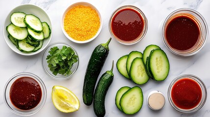 Fresh cucumber salad ingredients arranged on a marble surface for a vibrant food photography