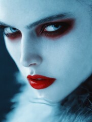 Retrato intrigante con maquillaje dram&aacute;tico, enfocado en la mirada penetrante y labios rojos intensos sobre piel p&aacute;lida.