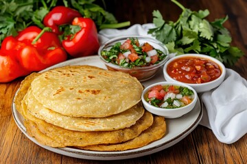 Delicious homemade tortillas with fresh salsa and red bell peppers on a wooden table