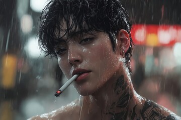 Un joven en la lluvia, con una actitud desafiante, desprendiendo sensualidad y misterio.