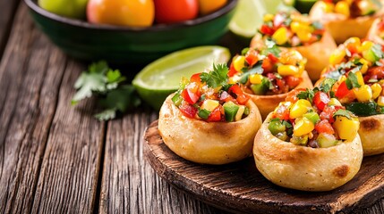 Savory Stuffed Buns with Fresh Salsa and Cilantro on Rustic Wooden Board Delicious Food