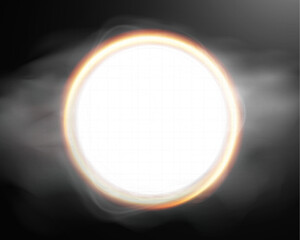 Bright glowing oval light with soft foggy background, creating a mystical and atmospheric effect.