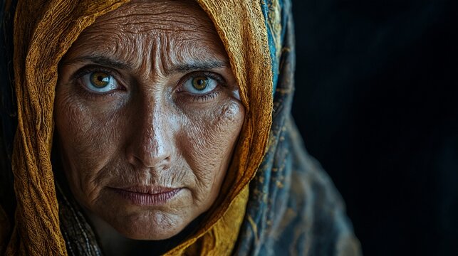 Retrato intenso de una mujer con expresi&oacute;n profunda, envuelta en un pa&ntilde;uelo, que refleja sabidur&iacute;a y determinaci&oacute;n.