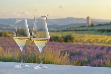 Obraz premium Brindis al atardecer entre campos de lavanda y montañas, creando un ambiente de paz y celebración.