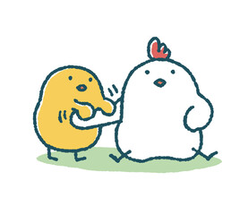 ゆるいひよこはにわとりの腕を揉む