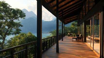 Luxury Villa Wooden Deck Overlooking Tropical Lake And Mountain View