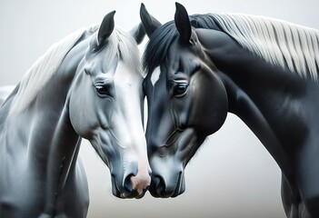 Closeup of a black and white horse's heads gently nuzzling. Their coats are glossy, showcasing equine beauty