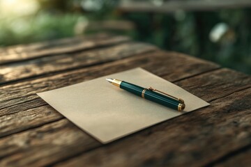 Elegant Fountain Pen on Vintage Wooden Table with Blank Paper in Warm Natural Light