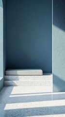 Espacio minimalista con luz suave, paredes azuladas y un banco sencillo que invita a la tranquilidad.