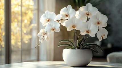 White orchids blooming, sunlit room, table, home decor © hazia