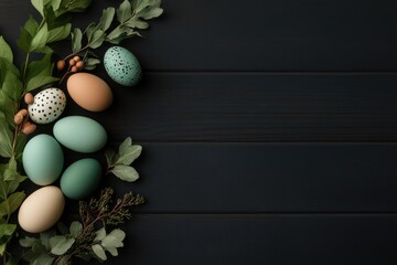 Obraz premium Easter Eggs and Greenery on Dark Wooden Background for Festive Spring Decor