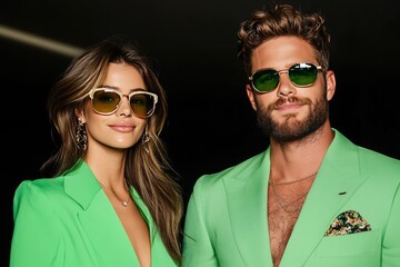 Stylish Couple in Matching Green Suits and Sunglasses in Fashionable Setting