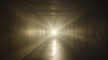 A beam of light traverses a dark tunnel, symbolizing discovery and innovation in a futuristic setting.