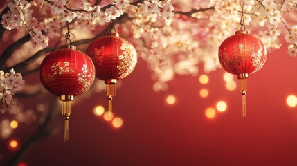 This elegant design showcases glowing Chinese lanterns hanging among blooming cherry blossoms. The red background is complemented by subtle gold highlights, representing wealth and good luck.