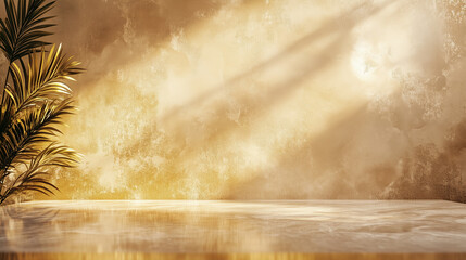 Marble surface with a palm leaf shadow and a golden textured background