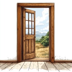 Wooden door open to scenic landscape