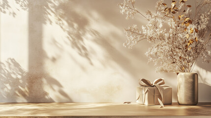 Gift box, vase with dried flowers, and strong shadows on a textured background