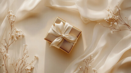 Gold gift box with a white bow on draped fabric with small white flowers