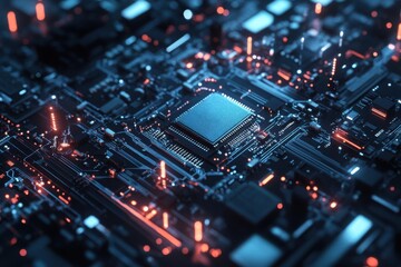 Obraz premium AI Core: Close-up of a futuristic circuit board with a central chip and glowing connections, representing advanced computing, data flow, and artificial intelligence.