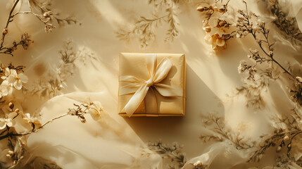 Gold gift box with a bow on a floral-patterned fabric