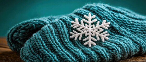 A blue knit glove with a snowflake on it