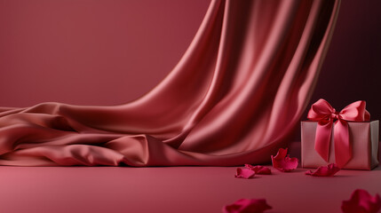 Pink gift box with a bow, draped fabric, and rose petals on a pink background