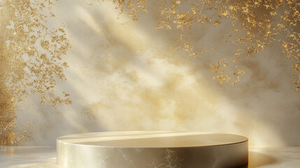 Empty podium with golden floral accents and strong shadows on a textured background