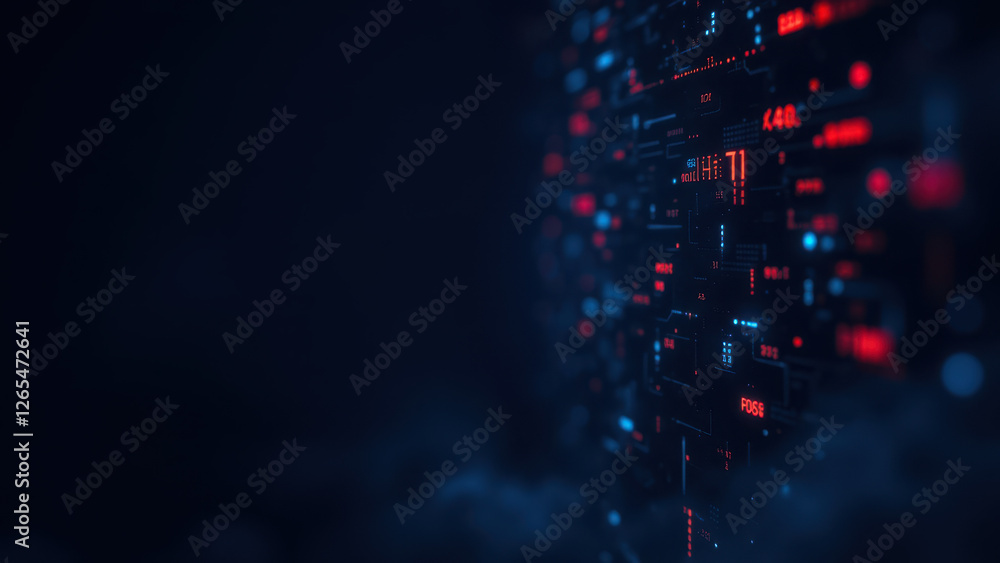 Poster a digital abstract representation with a cybernetic, futuristic vibe, suitable for cybersecurity or 